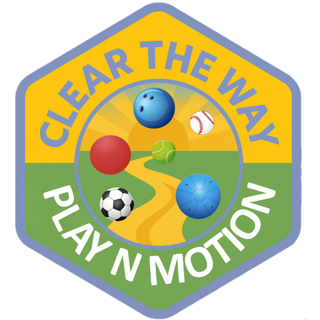 Play N Motion emblem with a winding gold path surrounded by bowling, baseball, tennis, soccer, goalball, and playground balls.