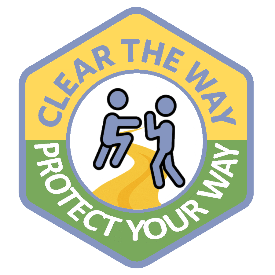 Protect Your Way emblem with two people practicing an adaptive personal-safety technique beside a winding gold path.