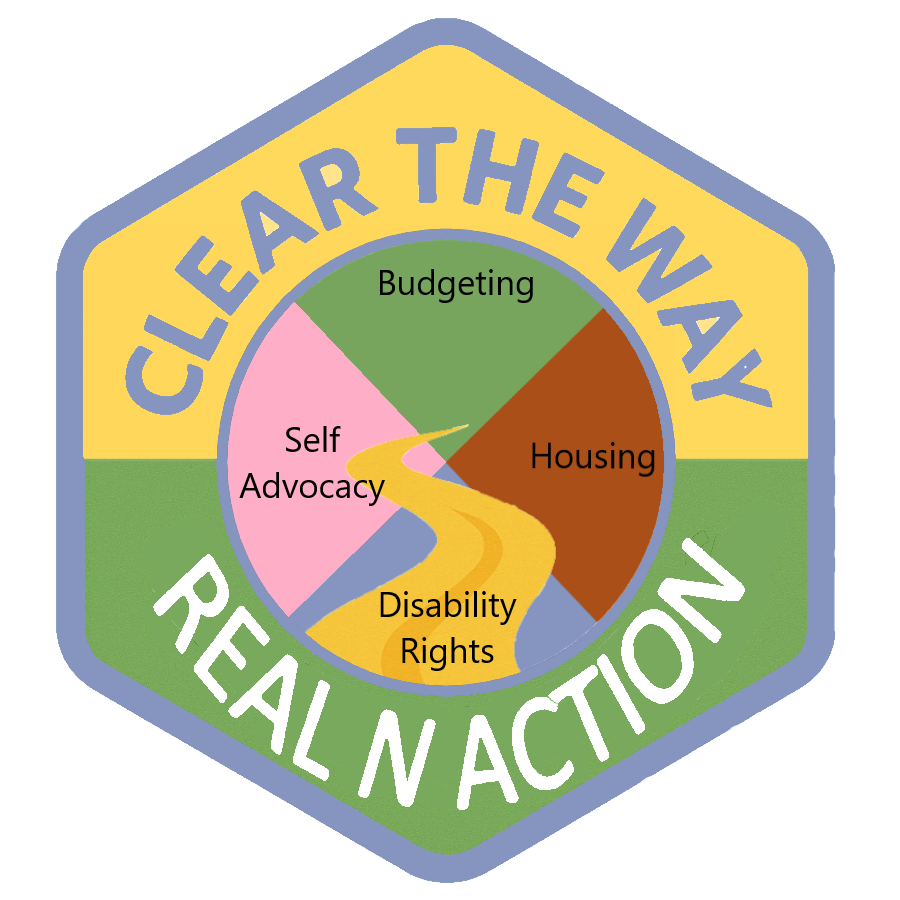 REAL In Action emblem with a winding gold path connecting Budgeting, Housing, Disability Rights, and Self Advocacy.