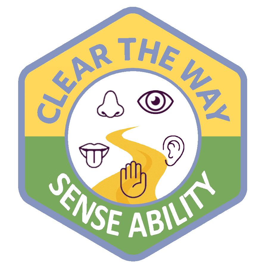 SenseAbility emblem with a winding gold path surrounded by symbols for smell, sight, taste, hearing, and touch.